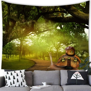 Fantasy fairy tale forest tapestry with snail house hanging over a grey sofa