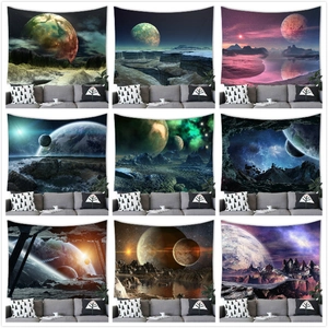 Universe Galaxy Tapestry Sci-Fi Planet Landscape Wall Hanging Polyester Fabric Decorative Blanket For Living Room Bedroom
