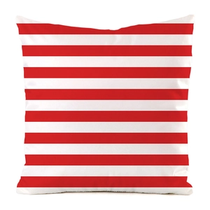Detail of red and white striped faux silk cushion cover with high quality stitching