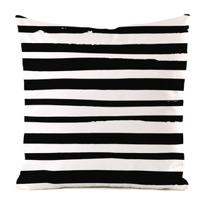 Detail shot of square faux silk pillow cover with black and white hand-painted stripes