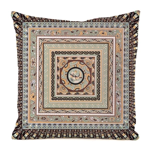 Detailed close-up of mandala patterns and classical figures on silk-texture cushion cover