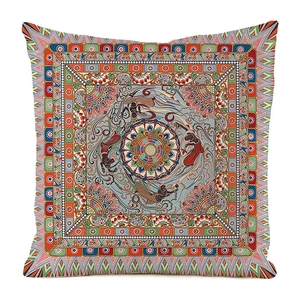 Detailed view of traditional ethnic mandala pattern and thick texture on square cushion cover