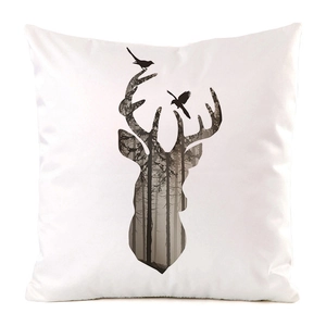 Detail of artistic elk and forest print on square white silk decorative pillowcase