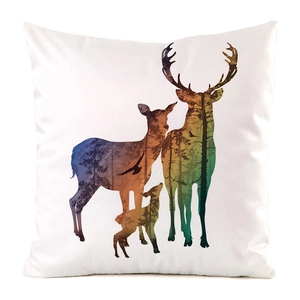 Macro detail of Nordic elk cushion cover showing colorful forest deer print on silk fabric