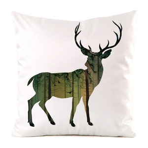 Detail of Nordic style elk cushion cover with forest double exposure pattern on faux silk