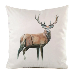 Detailed close-up of a decorative faux silk pillow cover featuring a painted elk elk motif