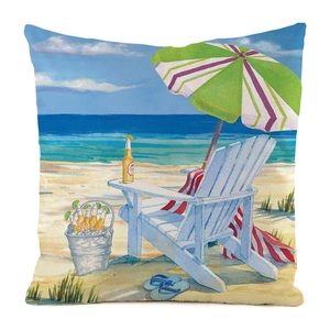 Detail of beach chair watercolor print on silk-like decorative sofa cushion cover