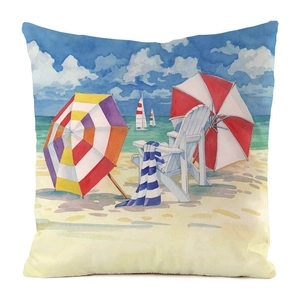 Detail of beach chair and watercolor sea painting on faux silk decorative pillow cover