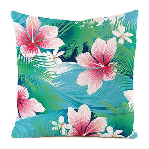 Detailed pattern of tropical pink hibiscus and green palm leaves on faux silk pillow cover