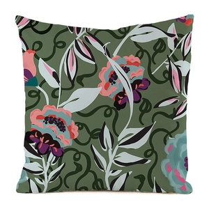 Detailed view of olive green faux silk pillow cover with hand-painted floral patterns