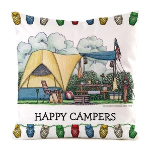 Detail der Happy Campers Kissenhülle mit Camping-Illustration und Eulen-Motiven