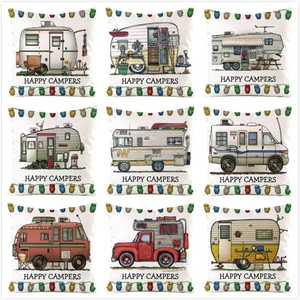 Cartoon Retro Wohnmobil Satin Deko Kissenbezug Happy Campers Eule Druck Kissenhülle Für Wohnzimmer Home Dekor