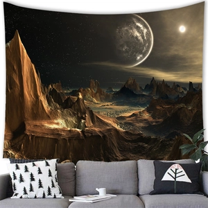 Sci-fi alien landscape wall tapestry featuring 3D planets and mountains over a sofa