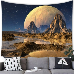 Detailed realistic sci-fi tapestry showing a majestic planet landscape over a modern sofa