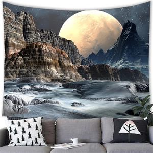 Detailed texture of sci-fi alien landscape tapestry hung above a modern sofa