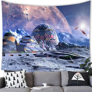Detail of sci-fi alien tapestry featuring a purple planet and dome over a modern sofa