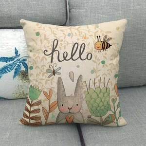 Easter bunny linen throw pillow cover with hello text and heart rabbit design
