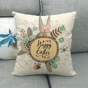 Linen Easter throw pillow cover with Happy Easter rabbit and floral cartoon print