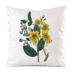 Detail of silk-like cushion cover featuring vintage floral prints and yellow flowers