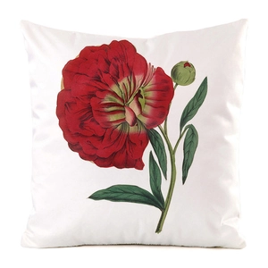 Detail of red floral botanical print on a white satin-finish decorative cushion cover