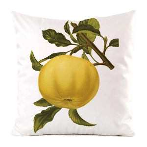 Close-up of faux silk pillowcase with vintage yellow fruit and green leaf print