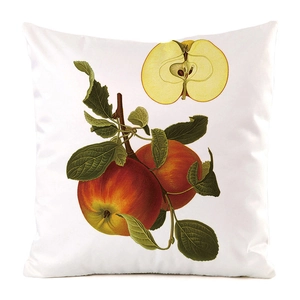 Macro detail of silk decorative cushion cover featuring vintage apple botanical prints