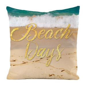 Macro detail of faux silk cushion cover showing the beach print and Beach Days text