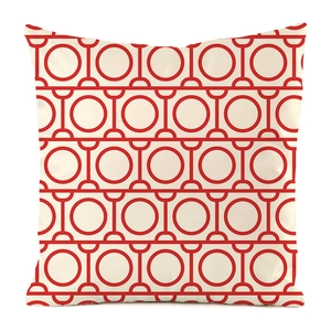 Detailed view of red geometric circle pattern on faux silk square sofa cushion cover