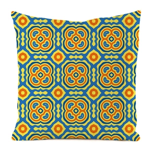 Detailed view of colorful striped faux silk cushion cover with blue and orange geometric patterns