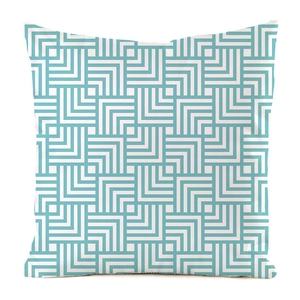 Detailed view of mint green and white geometric L-shaped maze pattern on square pillowcase