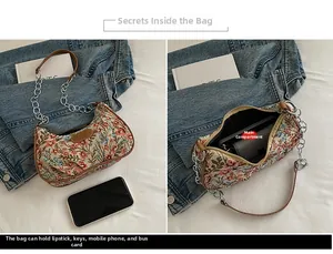 Detailed view of floral canvas shoulder bag capacity showing storage for phone and keys