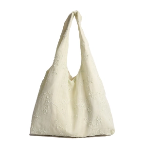 Sac fourre-tout en toile beige avec broderie florale pour le bureau et les loisirs quotidiens