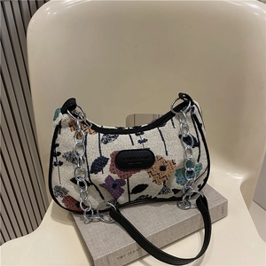 Sac Sous Les Bras Jacquard Fleuri Rétro Femme Vintage Sac Hobo Épaule Chaîne Métal Bordure Cuir PU Demi-Lune Chic