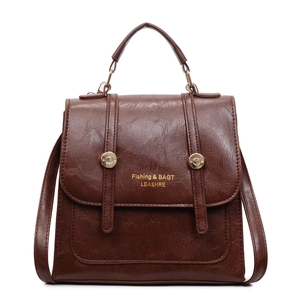 Retro brown PU leather backpack for women with vintage handle and large capacity