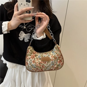 Vintage floral jacquard underarm bag with brown leather trim and silver chain strap