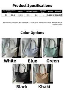 Detailed size chart and multi-color options for the large capacity minimalist tote bag