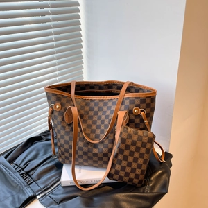 Women Large Capacity PU Leather Tote Bag With Small Pouch Retro Checkered Printed Shoulder Bag Commuter Shopping Handbag