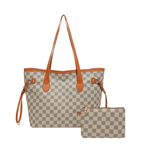 Set borsa tote a scacchi beige con manici in pelle marrone e piccola pochette chic