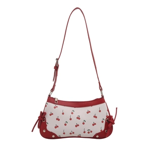 Chic white square shoulder bag with red cherry prints and decorative side bows