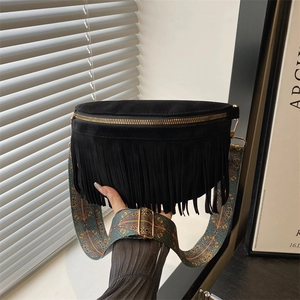 Vintage bohemian fringe bag in black suede with colorful ethnic jacquard shoulder strap