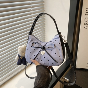Sweet Bowknot Crossbody Bag Pleated Fabric Heart Pendant Shoulder Handbag With Teddy Bear Charm Korean Style For Women