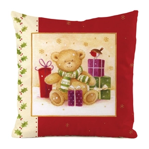 Close-up of watercolor teddy bear and gift boxes on Christmas tree decorative pillow