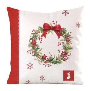 Detailed view of square Christmas pillowcase with festive wreath and red berry prints