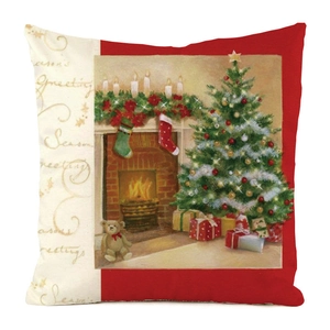 Close-up of square Christmas pillowcase with festive tree and fireplace pattern detail