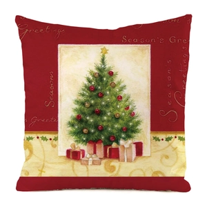 Close-up of red square Christmas tree pillow cover with Season's Greetings text print