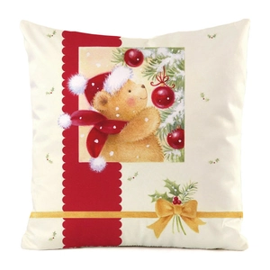 Detailed close-up of a Christmas pillowcase featuring a cute teddy bear and holiday tree