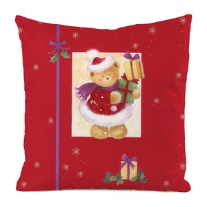 Detailed view of red square Christmas pillow case with cute teddy bear and snowflake print