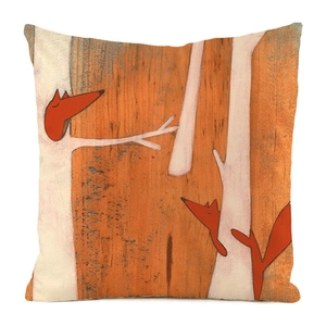 Detail of fox print silk-like decorative cushion cover with forest animal pattern