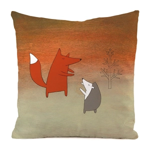 Detailed texture of fox and hedgehog print on faux silk decorative pillow cover