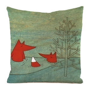 Detail of artistic fox print illustration on high-quality faux silk cushion cover